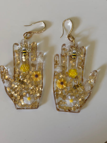 Resin Hands! Big and Beautiful! HAND HIVE BUMBLE BEE WITH CHARM