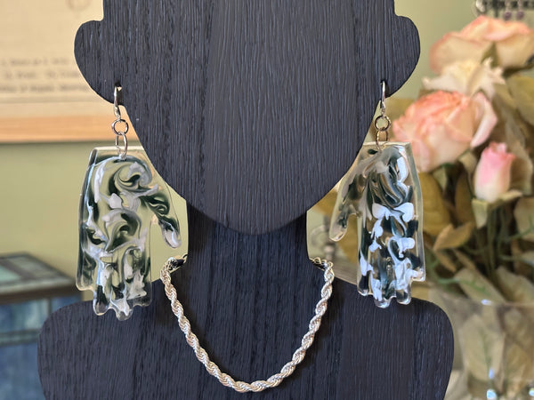 Resin Hands! Big and Beautiful! DEEP GREEN AND WHITE SWIRL