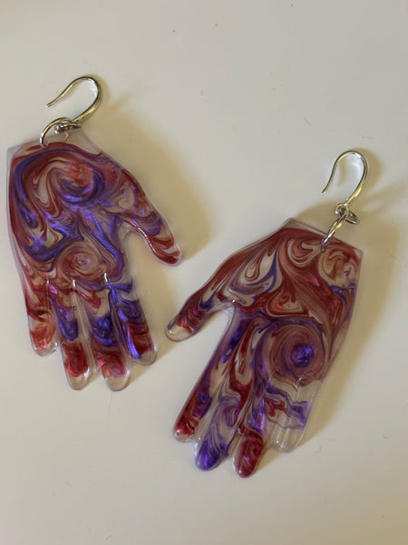 Resin Hands! Big and Beautiful! PURPLE & RED SWIRL ON CLEAR NIGHT