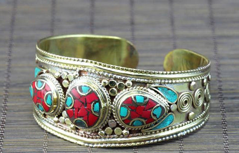 Red brass and coral bangle