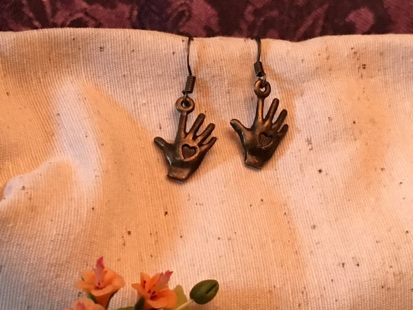 Earrings hand shaped/hand therapy jewelry/ reaching hands with heart