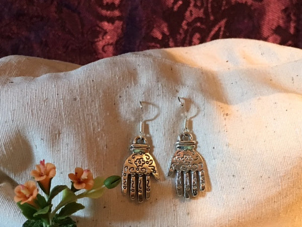 Earrings Hand Shaped/ hand therapy jewelry/silver hands with center flower and squiggles