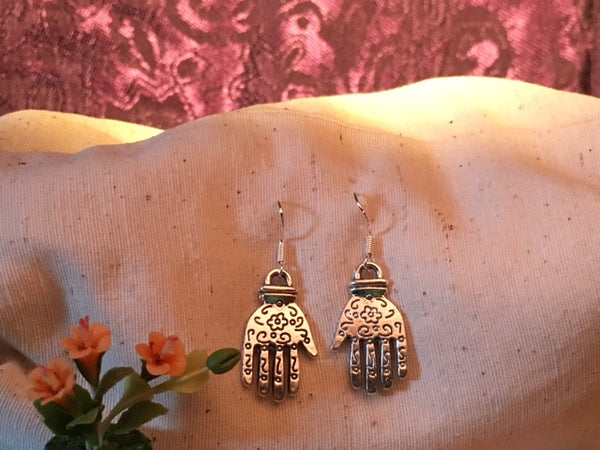 Earrings Hand Shaped/ hand therapy jewelry/silver hands with center flower and squiggles