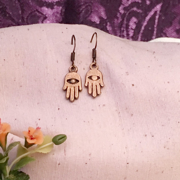 Earrings Hand shaped/ hand therapy jewelry / Bronze hand with eye