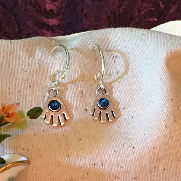 Earrings hand shaped/hand therapy jewelry/ little hands with cobalt blue Swarovski crystal center