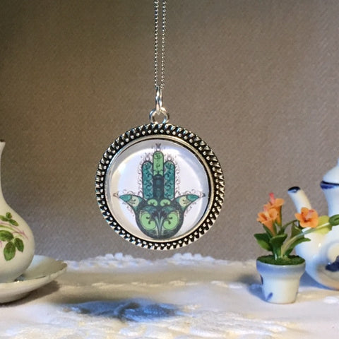 Necklace Glass Dome/beautiful green Hamsa print