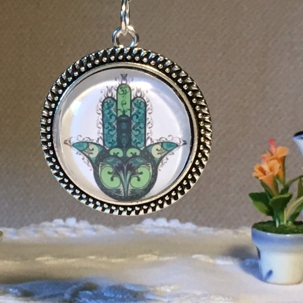 Necklace Glass Dome/beautiful green Hamsa print