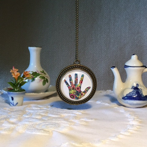 Necklace Glass Dome/Beautiful floral hand print