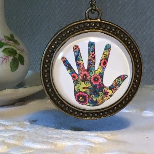 Necklace Glass Dome/Beautiful floral hand print