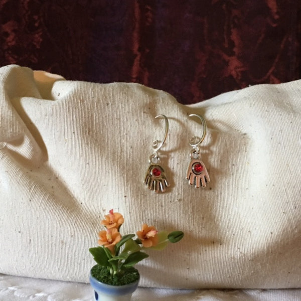 Earrings hand shaped/hand therapy jewelry/ little hands with ruby red Swarovski crystal center