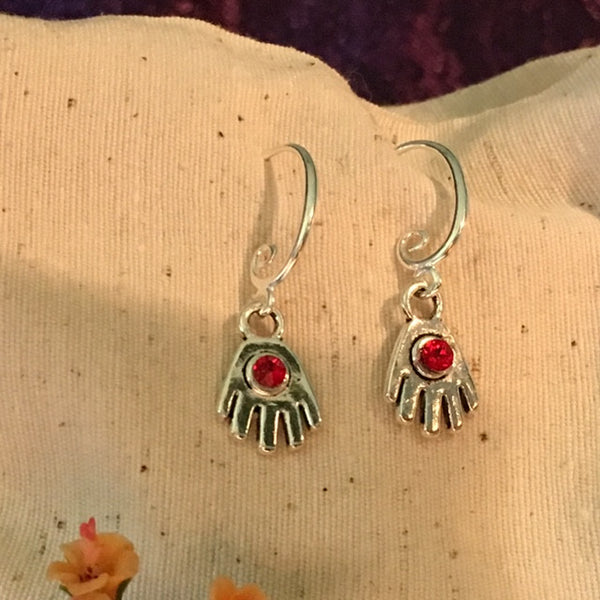 Earrings hand shaped/hand therapy jewelry/ little hands with ruby red Swarovski crystal center