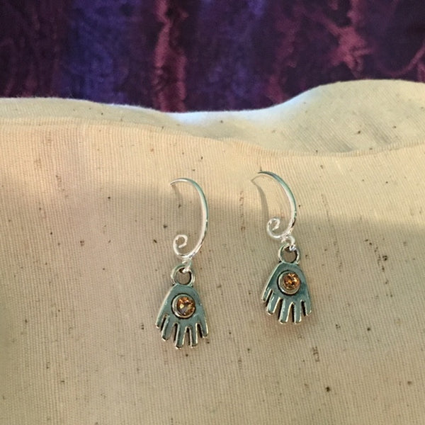 Earrings hand shaped/hand therapy jewelry/ little hands with halcyon Swarovski crystal center