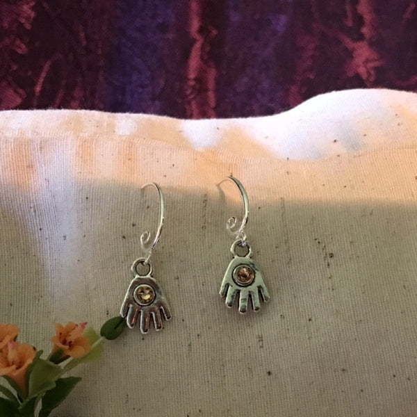 Earrings hand shaped/hand therapy jewelry/ little hands with halcyon Swarovski crystal center