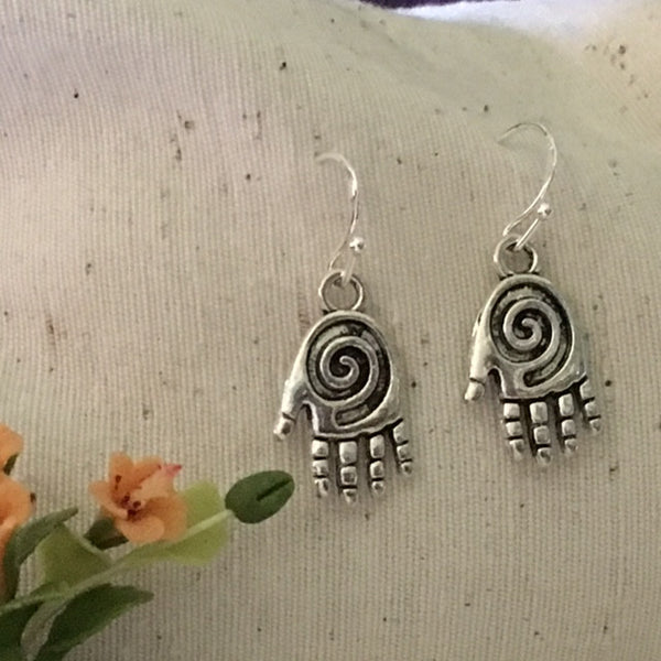 Earrings Hand Shaped/hand therapy jewelry/ Silver Healing swirl