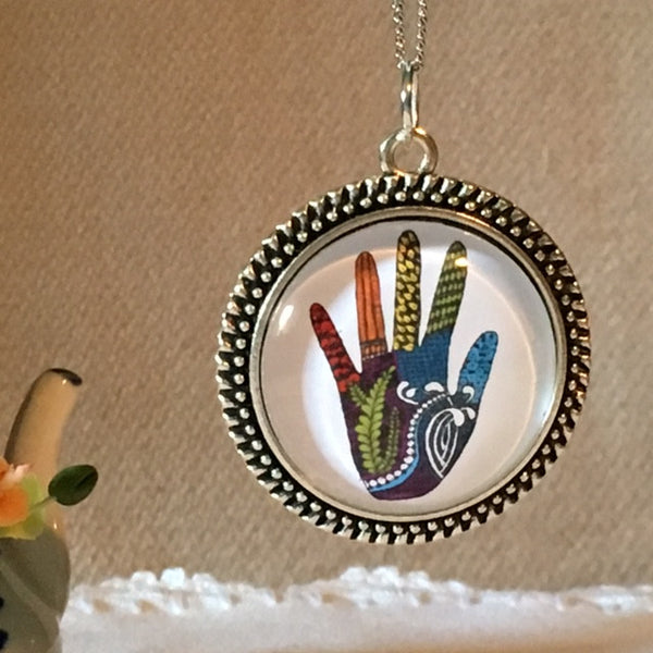 Necklace /Glass dome/ hand therapy jewelry/Color burst hands
