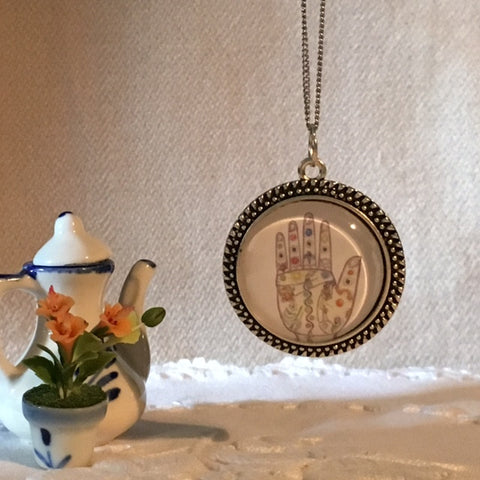 Necklace Glass dome/hand therapy jewelry/ Palmistry hand