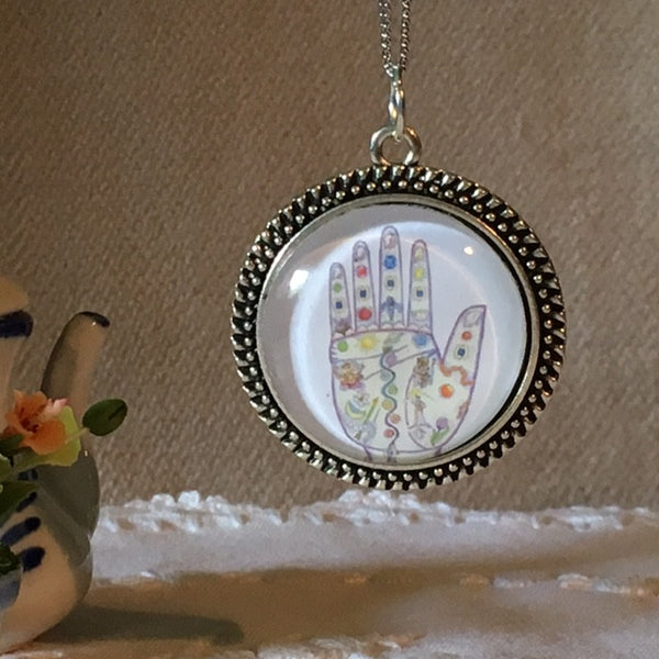 Necklace Glass dome/hand therapy jewelry/ Palmistry hand