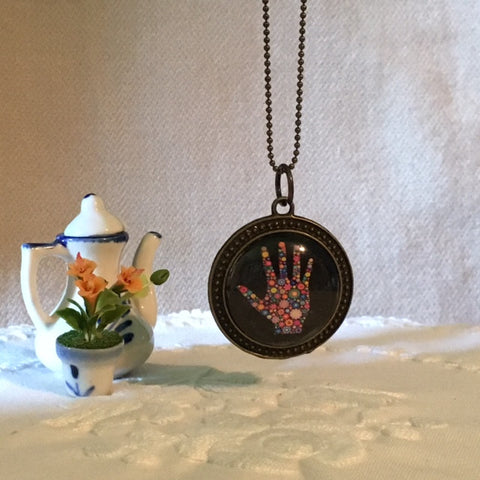 Necklace Glass dome/ hand therapy jewelry/flowered hand print