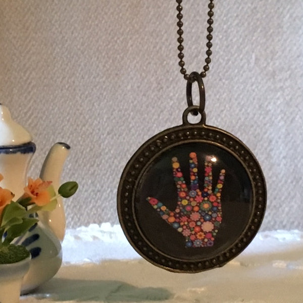 Necklace Glass dome/ hand therapy jewelry/flowered hand print