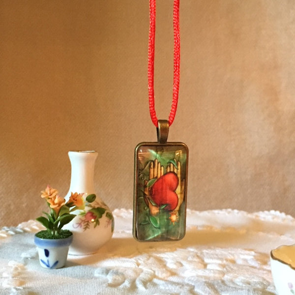 Necklace /Glass dome/hand therapy jewelry/ hands & heart