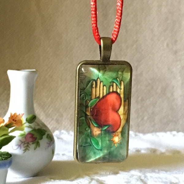 Necklace /Glass dome/hand therapy jewelry/ hands & heart