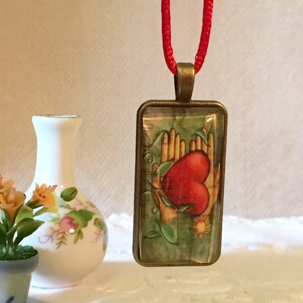 Necklace /Glass dome/hand therapy jewelry/ hands & heart