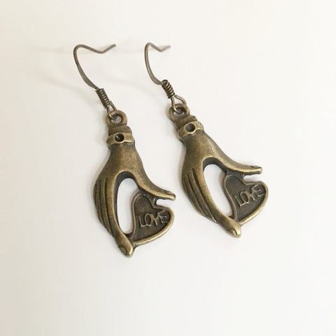 Earrings hand shaped/hand therapy jewelry/ Hands holding heart