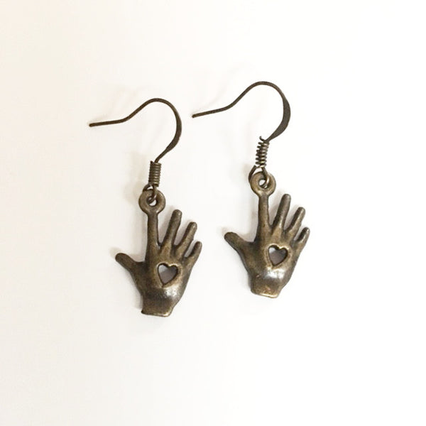 Earrings hand shaped/hand therapy jewelry/ reaching hands with heart