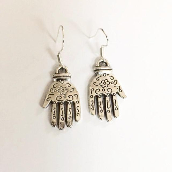 Earrings Hand Shaped/ hand therapy jewelry/silver hands with center flower and squiggles