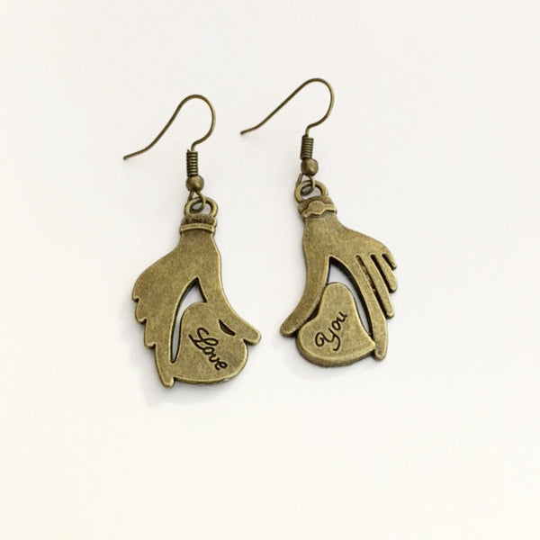 Earrings hand shaped/hand therapy jewelry/hand drop with heart