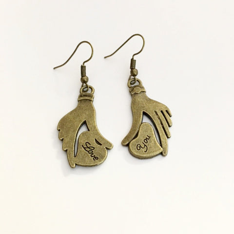 Earrings hand shaped/hand therapy jewelry/hand drop with heart