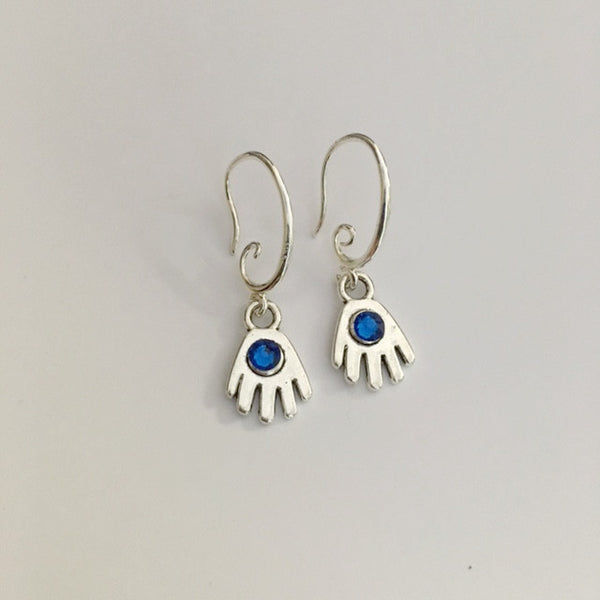 Earrings hand shaped/hand therapy jewelry/ little hands with cobalt blue Swarovski crystal center