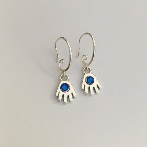 Earrings hand shaped/hand therapy jewelry/ little hands with cobalt blue Swarovski crystal center