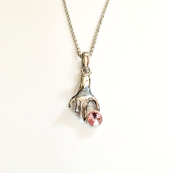 Necklace/hand shaped/vintage drop with pink gem