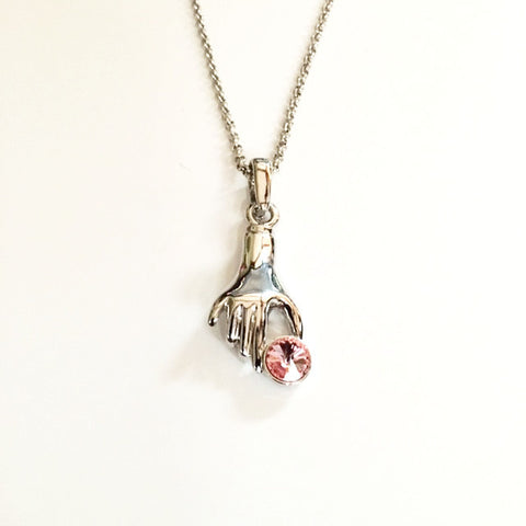 Necklace/hand shaped/vintage drop with pink gem