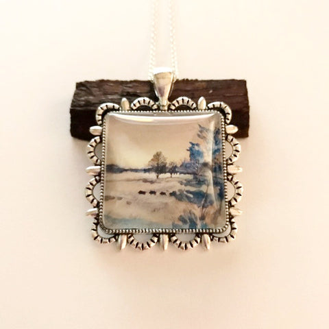 Water color painting on a pendant/Bison in the grass