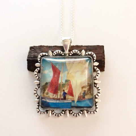 Oil painting on a pendant/two friends sailing