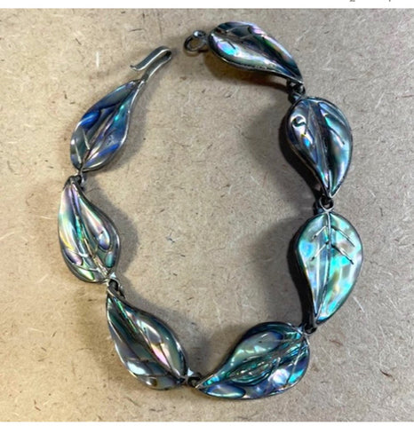 Vintage Mexican Sterling Silver Taxco CBL stamped abalone shell leaf bracelet