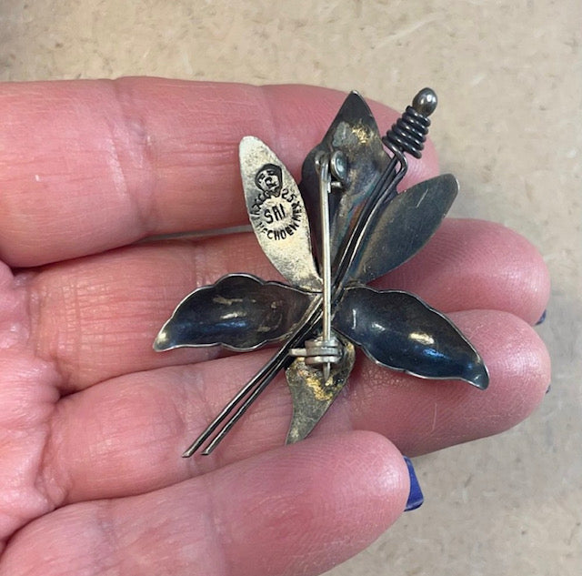 TAXCO Silver Orchid Flower Brooch Vintage 925 Sterling 1940s