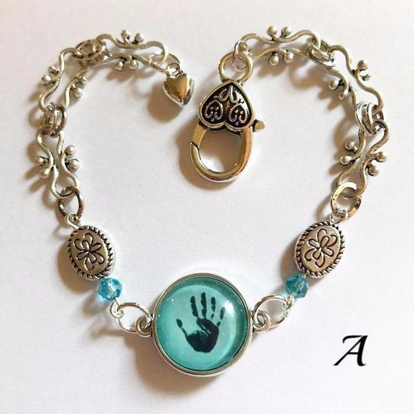 Hand print/glass centered Bracelet /Hand therapy jewelry
