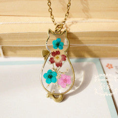 Cat shaped necklace/botanical & floral designs