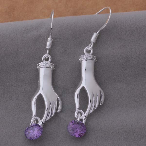 Earrings hand shaped/hand therapy jewelry/ silver plating with lilac gem