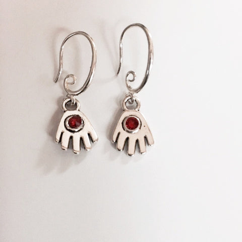 Earrings hand shaped/hand therapy jewelry/ little hands with ruby red Swarovski crystal center