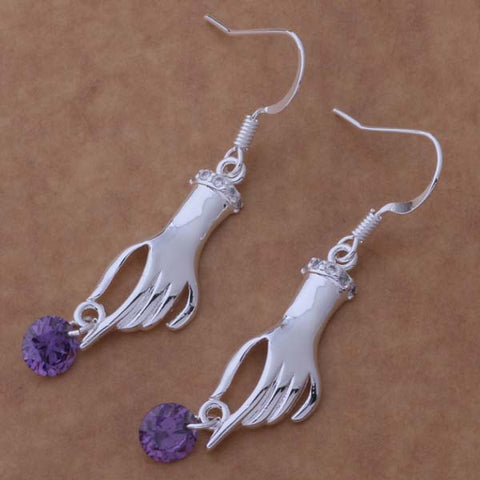 Earrings hand shaped/hand therapy jewelry/ silver plating with lilac gem